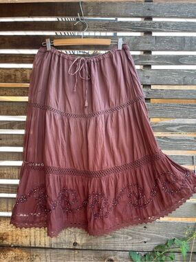 Fairycore Whimsigoth Embroidered Tiered Ombre Dyed Cotton Lace 90s Skirt Lg/XL